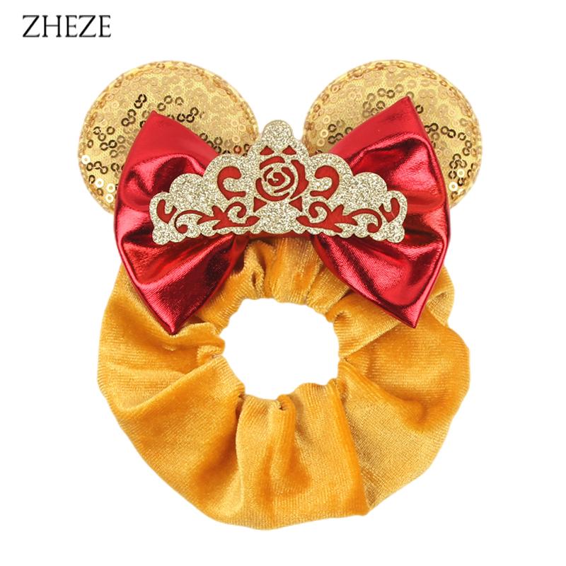 New Disney Mouse Ears Scrunchies Hairband Girl Ponytail Holder For Women Sequins Bows Headband  Women Trip DIY Accessories