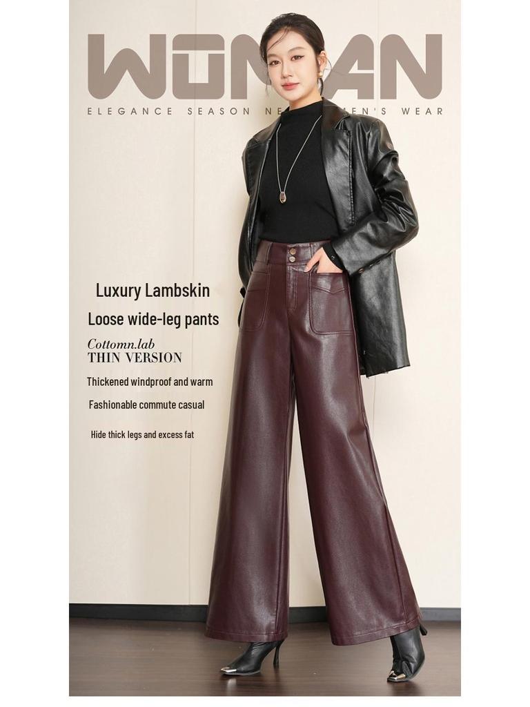 Chic Women's High-Waisted Lambskin Wide-Leg Pants - 2025 Autumn/Winter Slimming Casual Fit