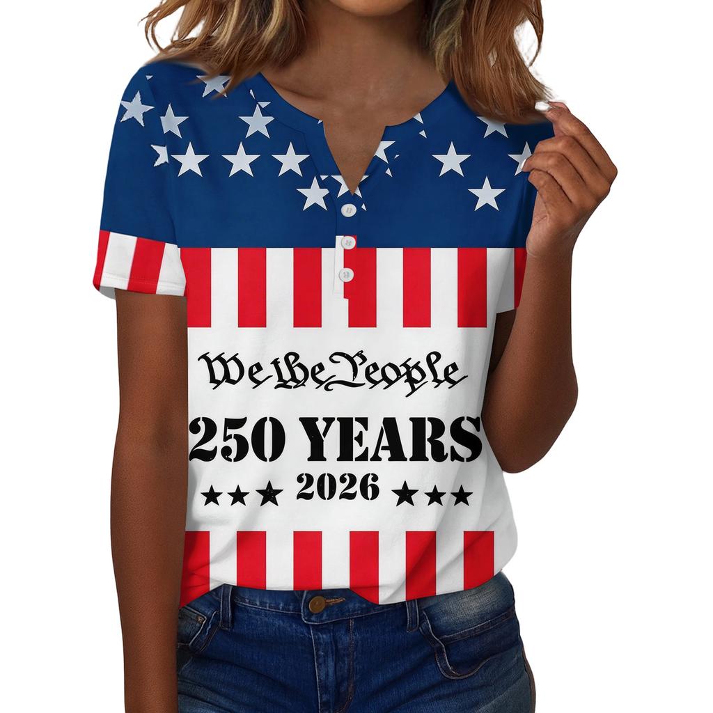 Damen-T-Shirt mit Aufdruck „Unabhängigkeitstag“ und Knopfleiste, kurzärmelig, für den Alltag und das Wochenende, modisch, Basic, V-Ausschnitt, normales Oberteil