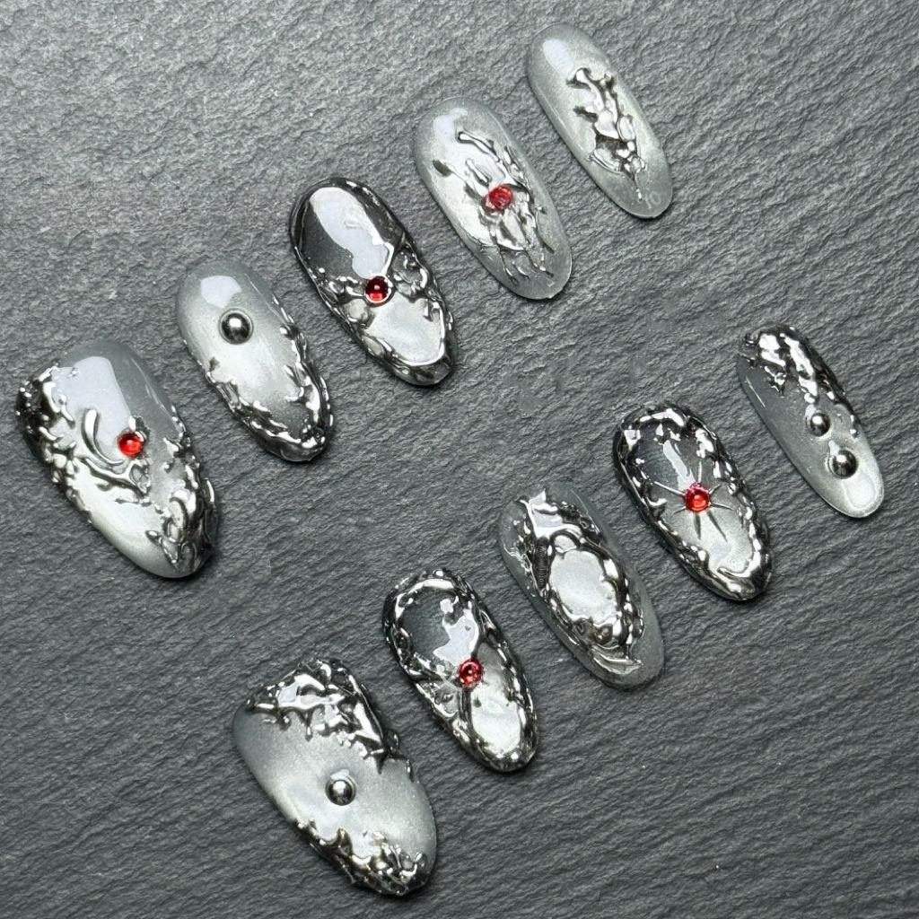 24PCS Sweet Blue Gradient Cat Eye French Fake Nail Tips with Glue Golden Star Pattern Press On Nails Wearable Almond False Nails