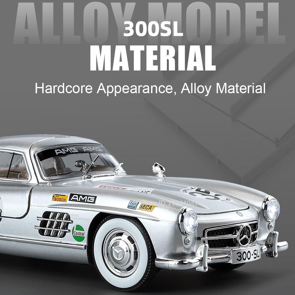 1/24 Scale BENZ 300SL Toys Cars Alloy Diecast Model 4 Doors Opened Front Wheel Steering Sound Light Vehices for Children's Gift