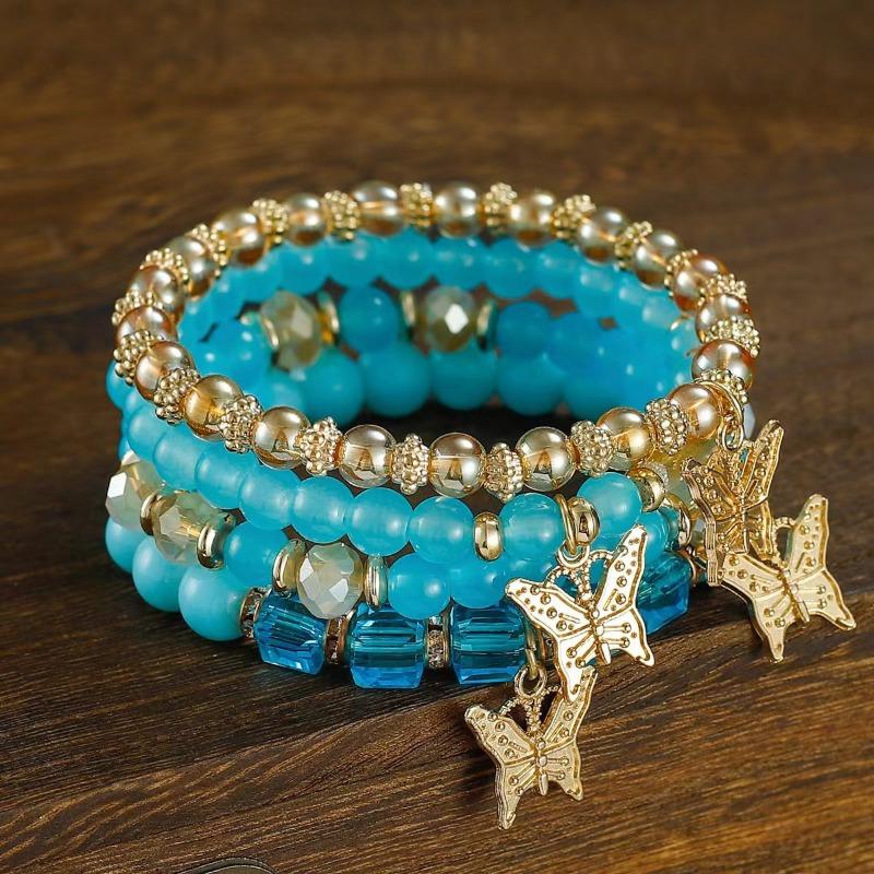 

Богемский креативный браслет Женские украшения Бабочка Кристалл Многослойный бисерный модный браслет 1pcs светло-синий