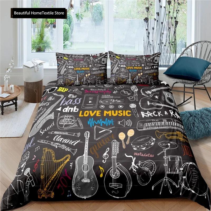 3d Music Notes Guitar Duvet Cover Set For Teens Adults Bedroom Decor Music Bedding Sets Fashion Hip Hop Comforter Cover