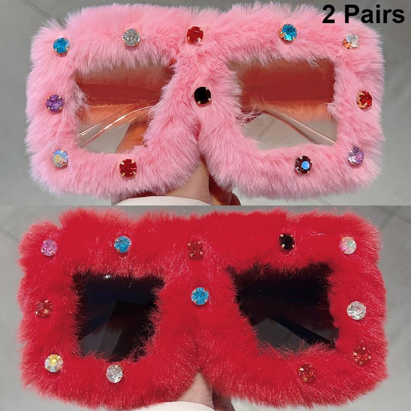 2 Pairs Square Furry Sunglasses with Rhinestones Women Fashion Oversized Winter Shades Trendy Chic Original Handmade Sun Glasses