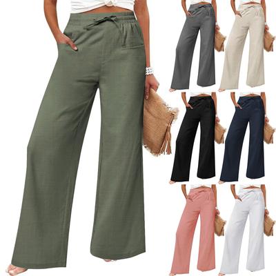 Calças Casuais de Moda Feminina em Algodão e Linho com Bolsos e Cordão