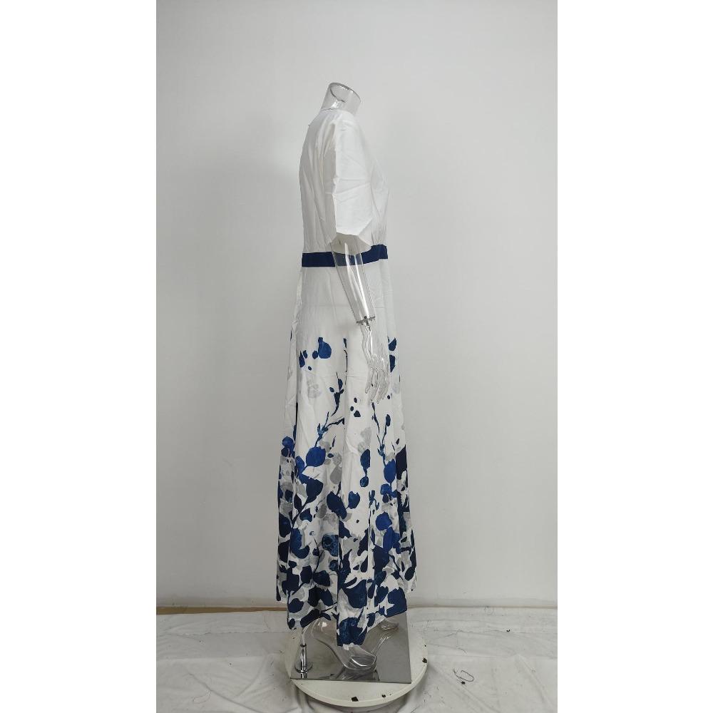 European and American Fashion Floral Print Elegant V Neck Tie Waist Maxi Dress Women