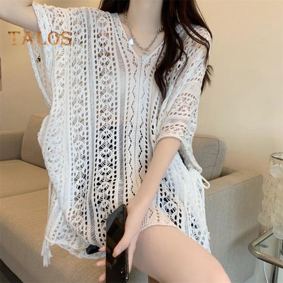 Cover Up Dress V-Neck Short Sleeve Hollow Out Breathable Loose Fit Summer Tops Beach Bikini Cover Up