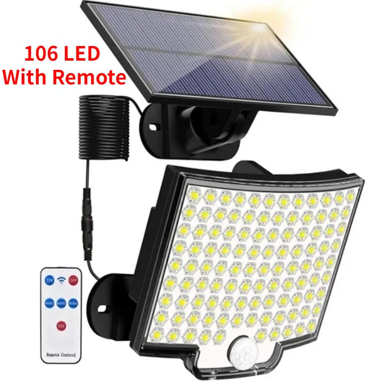 228LED ძლიერი LED მზის ნათურა 4 სამუშაო რეჟიმი მოძრაობის სენსორით დისტანციური მართვის პროჟექტორი გარე ბაღის ეზო წყალგაუმტარი კედლის განათება