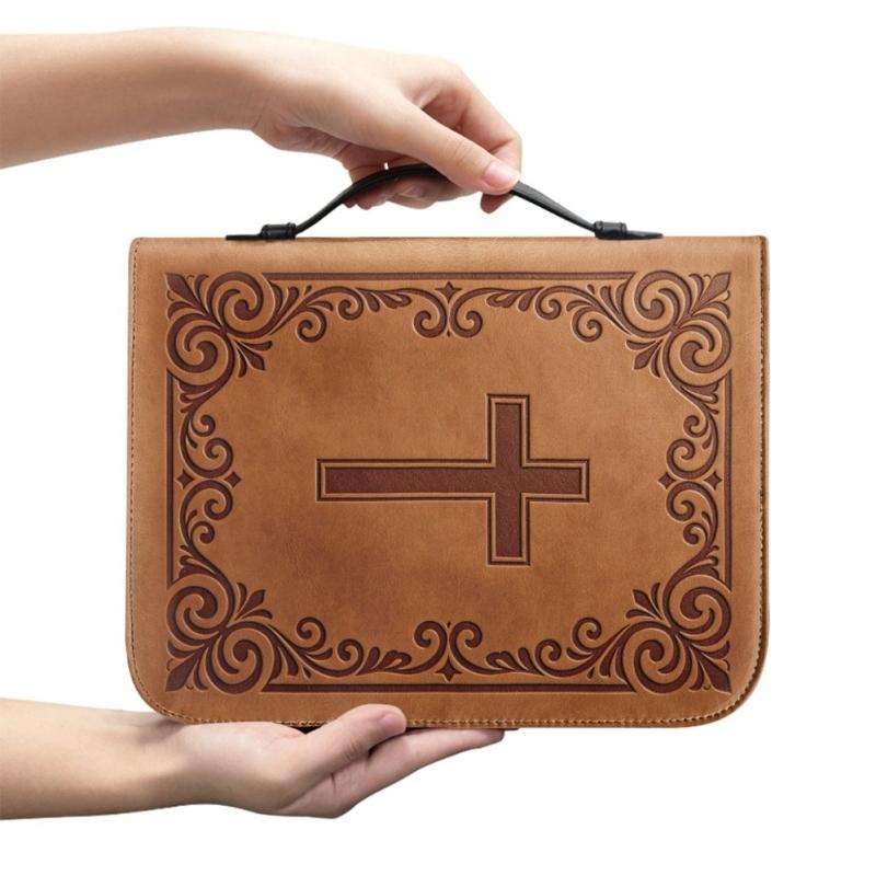 Reading Carry Bible Cover with Handle, Book Case in PU Leather Look for Church Days, Travel Use, and Shelf Storage