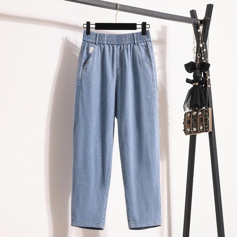 

DIMANAF 2024 Большие размеры Женские джинсы Брюки Джинсовый дизайн Эластичный пояс Длинные брюки Винтажные большие женские шаровары XL синий