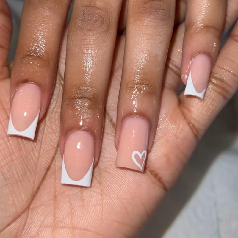 24Pcs Handmade Short Square Press On Nails Gradient White Edge Nude French Tip Fake Nails