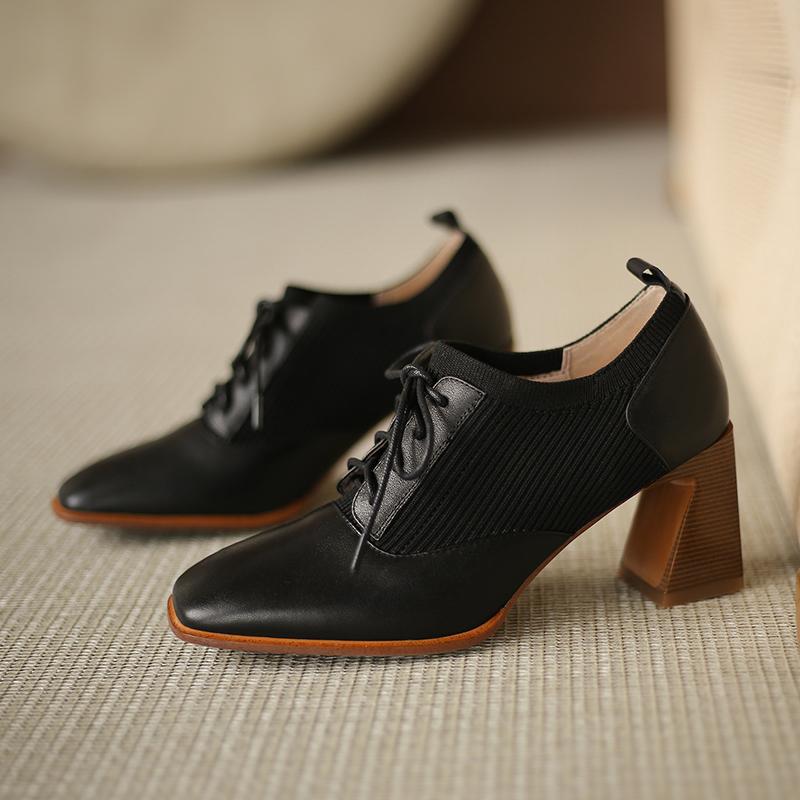 Fashion Comfortable Genuine Leather Women's Ankle Boots Elegant Square Toe Thick Heels Pumps Party Lace-up Shoes Woman 2024 New