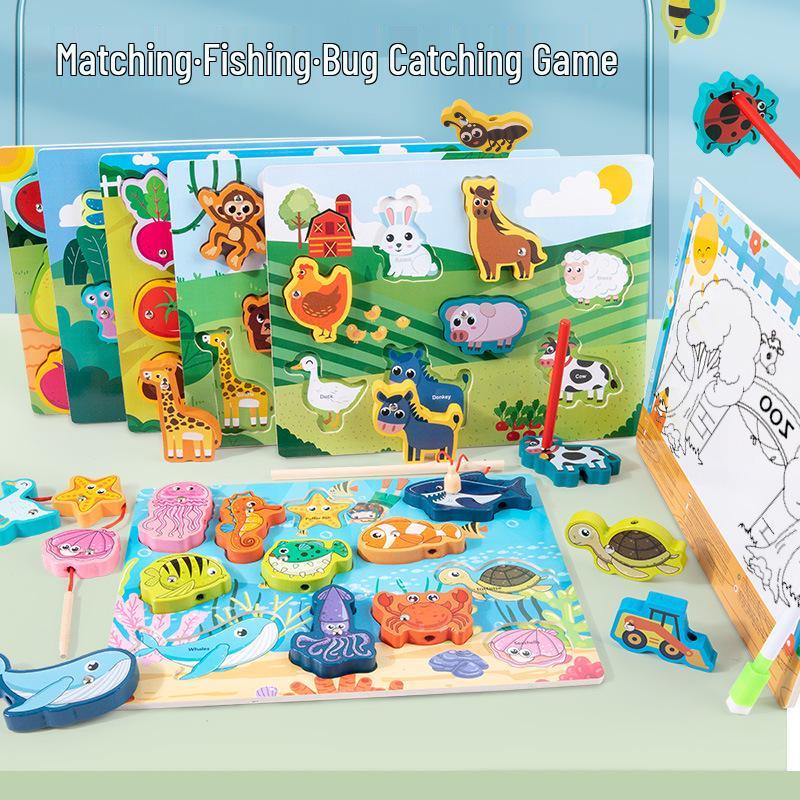 Children's Double-Sided Wooden Activity Board: Matching, Stringing, Drawing, Beading, and Fishing Educational Toy