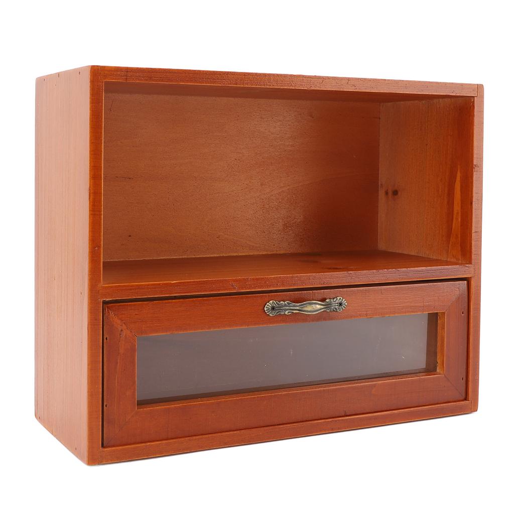 Organizzatore da Tavolo Vintage in Legno Massiccio Vetrina da Scrivania Scatola Portaoggetti con Cassetto Trasparente per