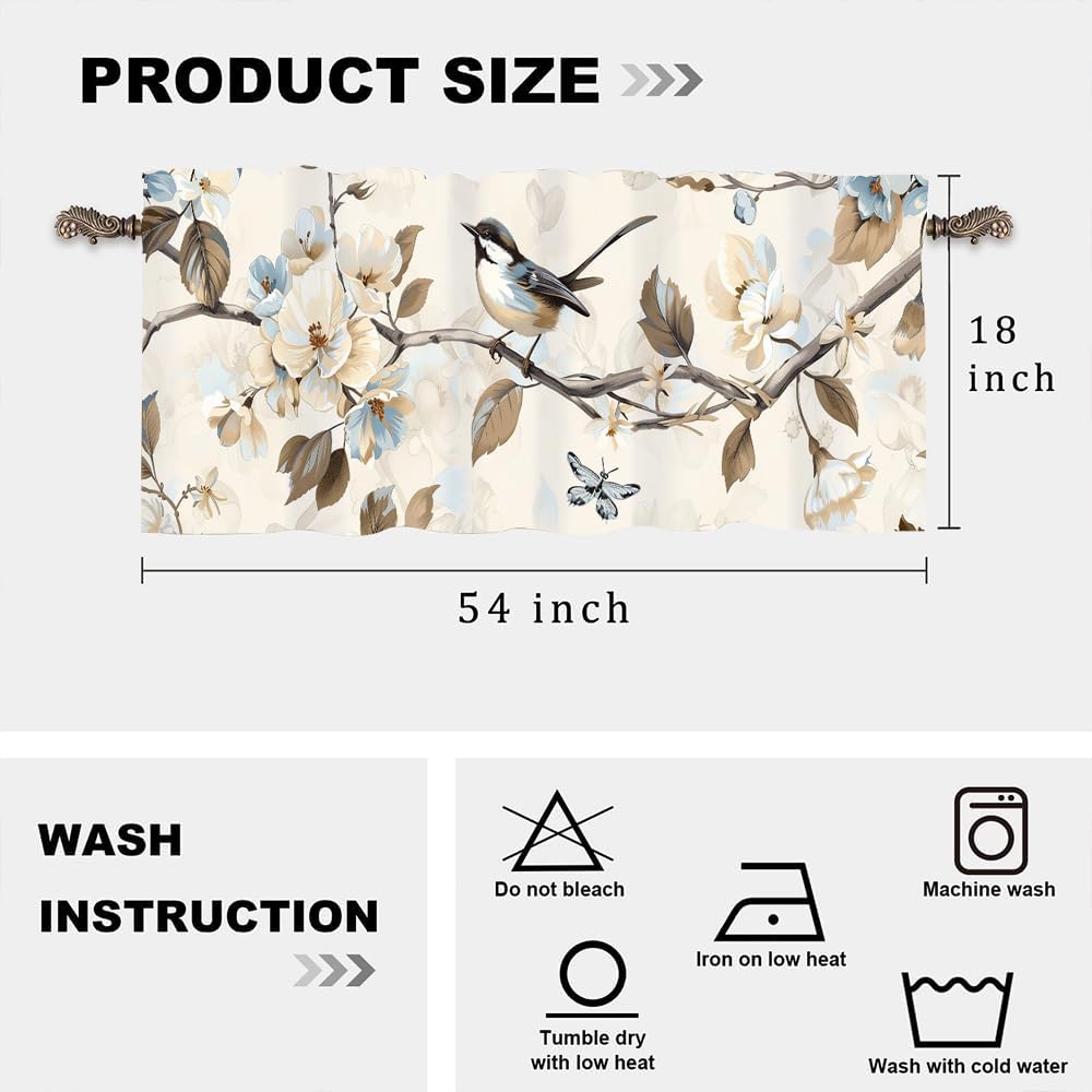 1 Panel Retro Branch Bird Window Valances, Floral Nature Animal Window Treatment Decor Curtains Rod Pocket Valances for Kitchen/Living Room, 54" X