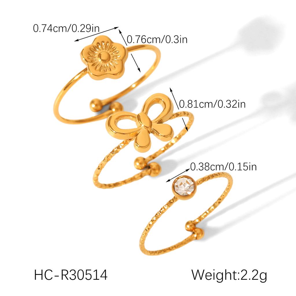 18K Gold Plated Stainless Steel Bowknot Flower Open Ring Set, Instagram Style Zircon Ring for Women, Non-fading