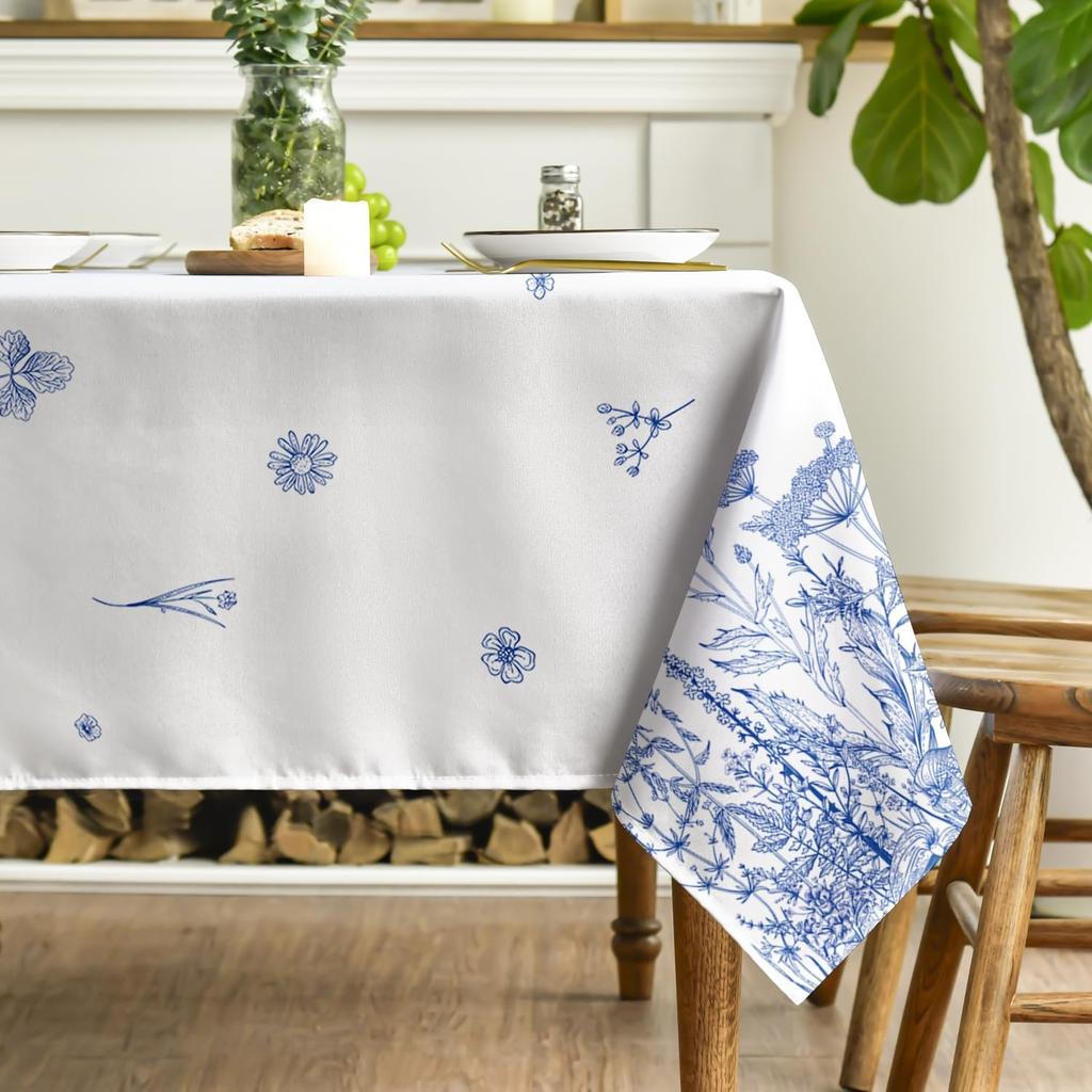 Summer Wild Flowers Rectangle Tablecloth Holiday Home Party Decor Seasonal Blue Floral Waterproof Table Cloth Dining Table Decor