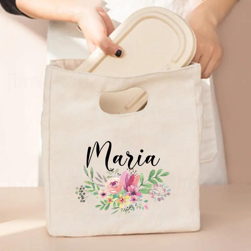 Flower Customized Canvas Handbag Vintage Travel Camping Lunch Bag Personalized Name Storage Lunch Box Large Capacity Cooler Bags