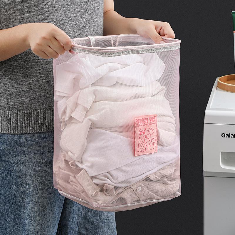 Folding Laundry Basket Organizer Dirty Clothes Bathroom Clothes Mesh Storage Bag Home Wall Mounted Hanging Basket Frame Bucket