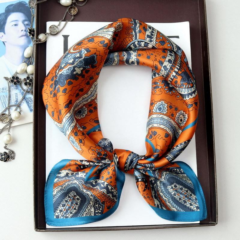 SpringSummer Orange Imitation Silk Neckerchief Outdoor Decoration Wraps For Women 70*70Cm Cashew Print Square Scarf
