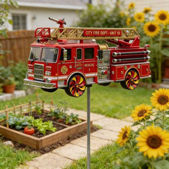 Firetruck Garden Wind Spinner Metal Wind Spinner with Ground Spike Outdoor Firetruck Decoration for Home Yard Art Patio Lawn