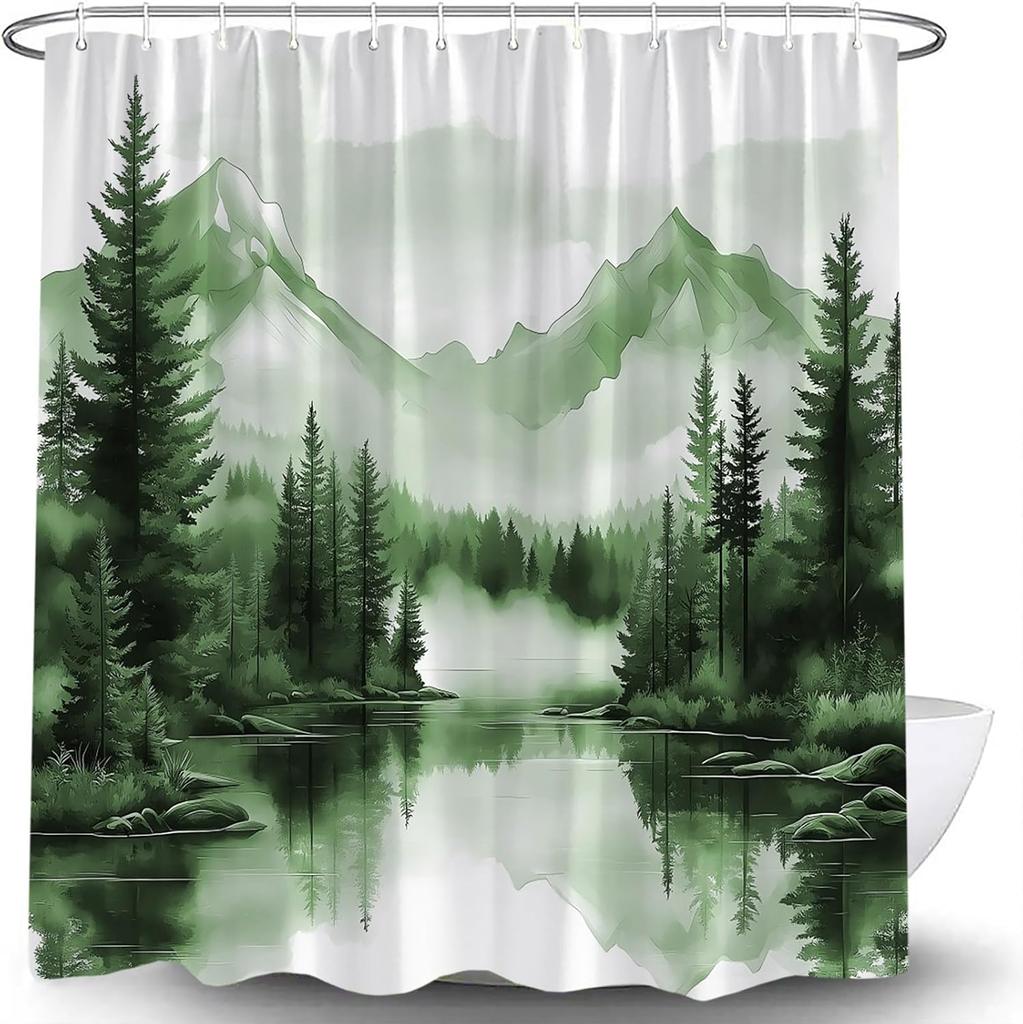 Green Misty Forest Shower Curtain Mountain Foggy Pine Trees Landscape Watercolor Jungle Plant Rustic Nature Scenery Lake Fabric