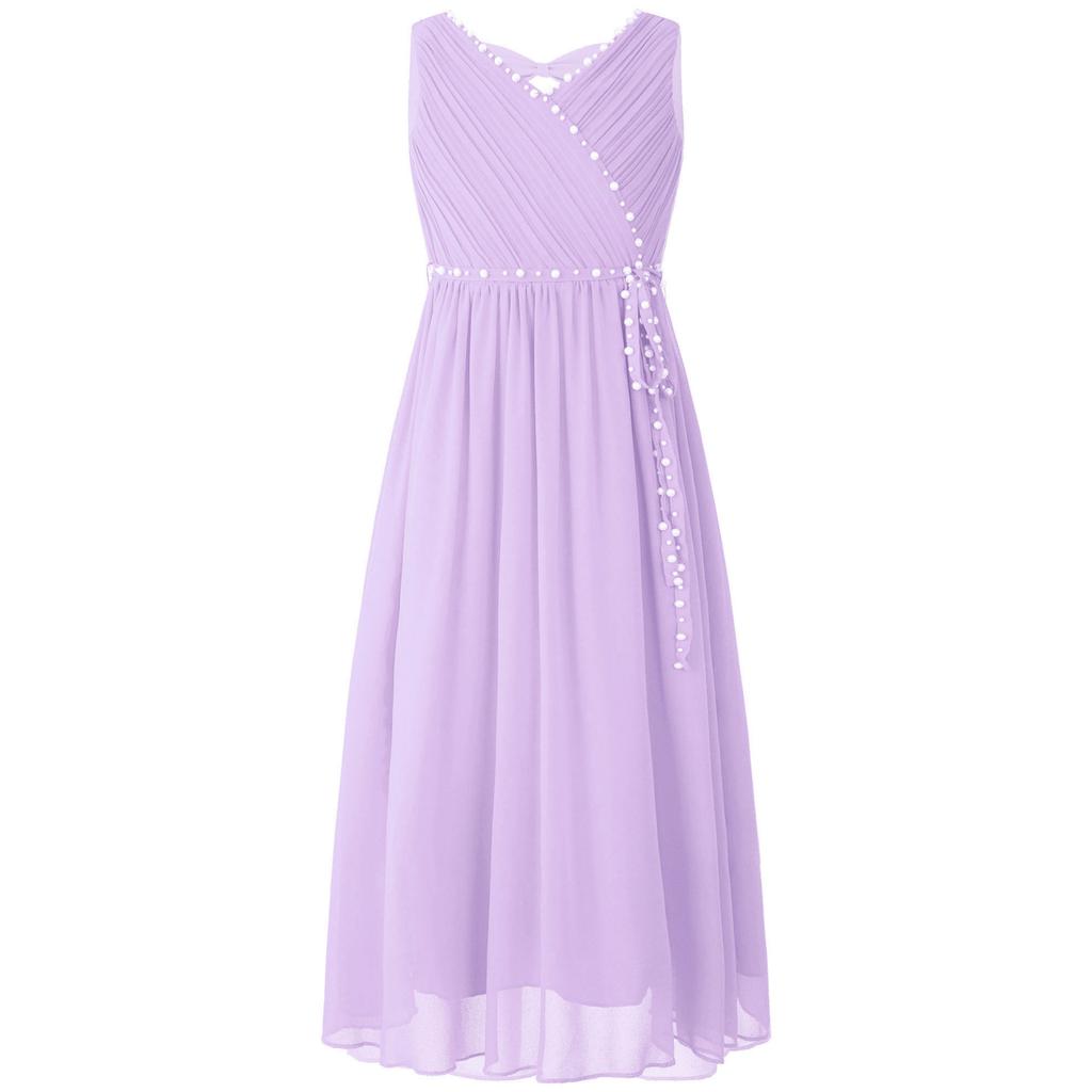 Kids Girls Summer Wedding Birthday Party Dress Sleeveless Ruched Beaded Chiffon Bridesmaid Maxi Dress
