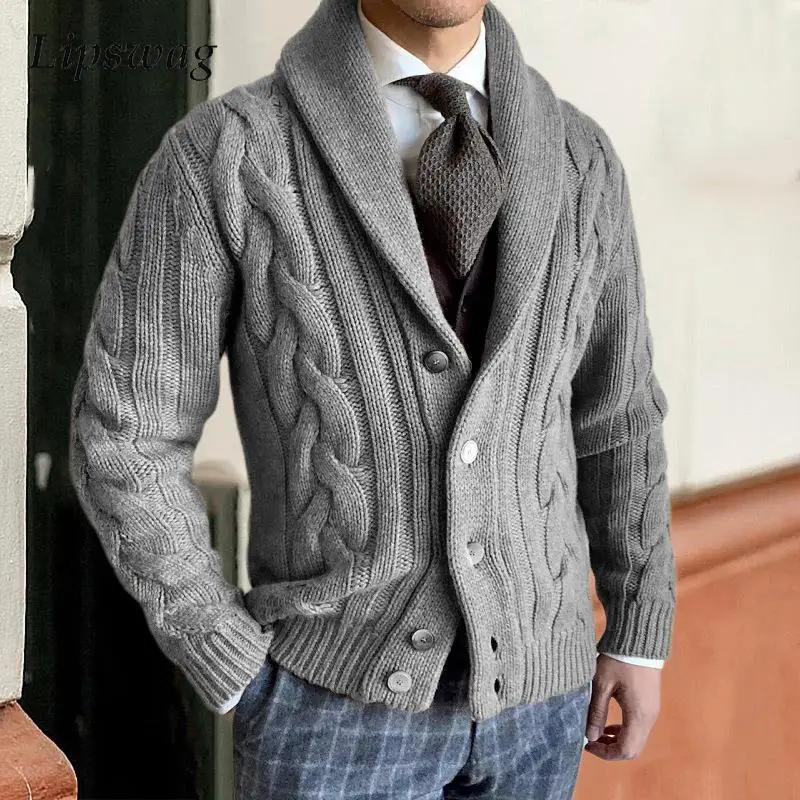Autumn Winter Warm Sweater Mens Cardigan Knitted Long Sleeve Breasted Collar Jacket Coat Male Casual Fashion Knitwear Clothing