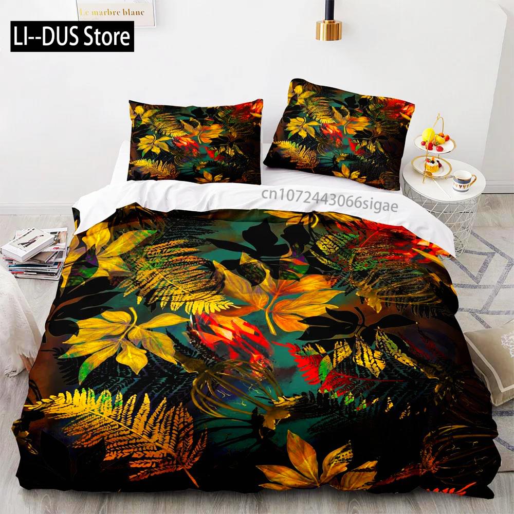Tropische Pflanzen Floral King Queen Bettbezug Grün Palmblätter Bettwäscheset Cremefarbene Blumen 2/3-teilig Polyester Steppdecke