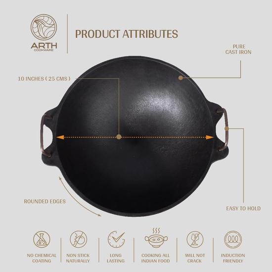 Arth Kadai en fonte pré-assaisonné 10 pouces avec manche en acier inoxydable, surface antiadhésive naturelle, 100% sans toxines