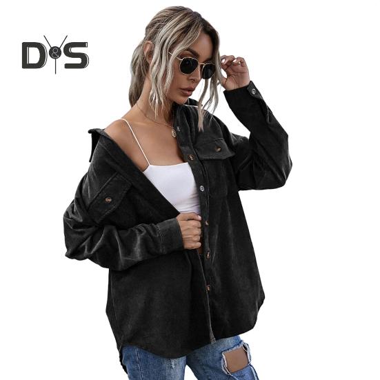 Spring Fall Coat with Chest Pockets Button-down Turn-down Collar Solid Color Corduroy Jacket Loose Casual Outerwear for Travel Work
