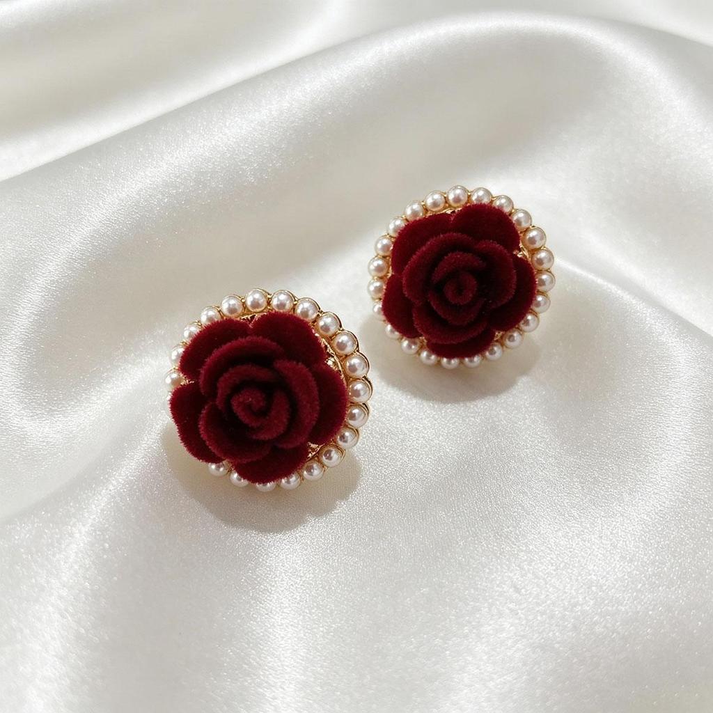 Ankara Red Flower Bead Stud Earrings for Women, Versatile Daily Temperament Unique Earrings, Korean Simple New Ear Accessory