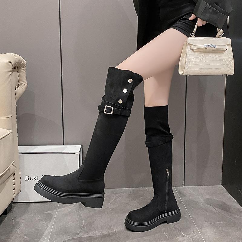 Botas de suela gruesa para mujer 2025 nuevo otoño e invierno pero botas de gamuza hasta la rodilla para mujer botas de caballero altas y delgadas