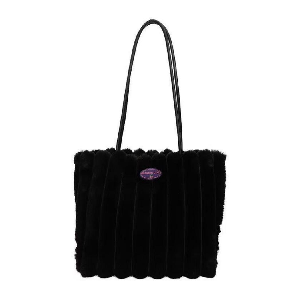 

Women s Striped Plush Tote Bag Large Capacity Shoulder Crossbody Bag Autumn Winter Faux Fur Soft Handbag Girls Commuter Bags чёрный