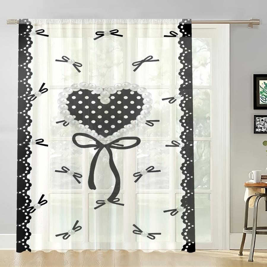 

Single Panel Black White Polka Dot Heart Bow Tie Gauze Curtain Romantic Valentine Day Style Suitable Bedroom Living Room For Sitting Made Of Polyester W100*H70(CM)-Grommet top&2PCS