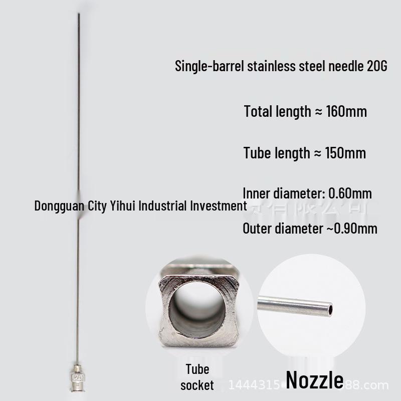 Stainless Steel Dispensing Syringe: 160mm Total Length, 150mm Tube, Pointed Tip, Flat Opening