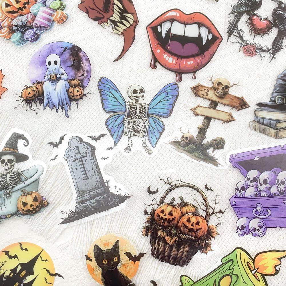 50PCS Halloween PET Stickers Holiday Horror Pumpkin Skull Eyeballs Transparent Luggage Graffiti Sticker Label Diary Stationery
