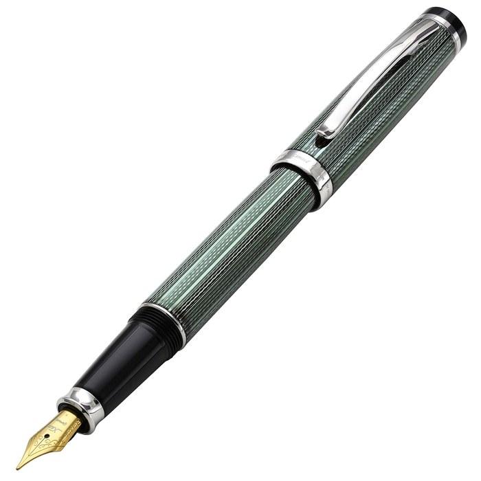 Xezo Incognito Diamond Cut Serial Medium Fountain Pen, Zinc Slate Lacquer. Platinum Plated. Zinc Green.