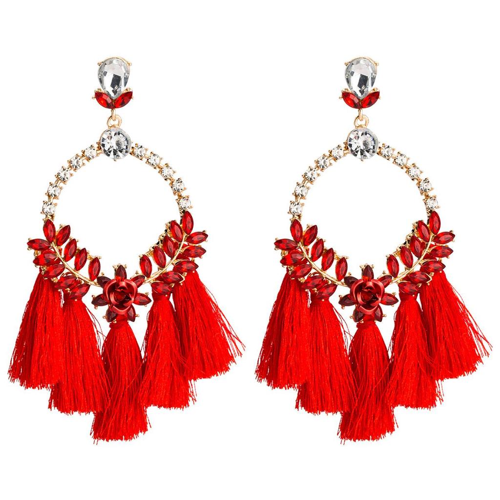 Women's Earring Exaggerated Flowers with Diamonds Tassel Acrylic Earrings Bohemian Temperament Female Earrings