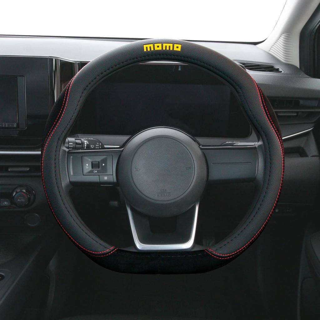 MOMO Comfort Microfiber Steering Wheel Cover, Italy, Milan, Flat Bottom, D-Shaped, Black with Red Stitching