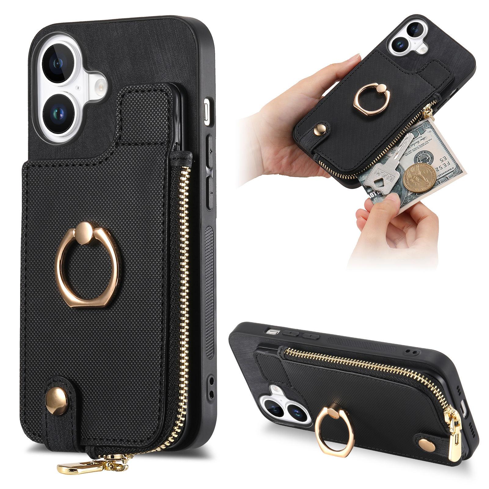 

For iPhone 16 Plus Case Zipper Pocket Kickstand Leather Phone Back Cover Black