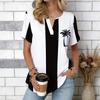 Women Blue Ocean Coconut Palm Beach Print Short Sleeve V Neck Blouse