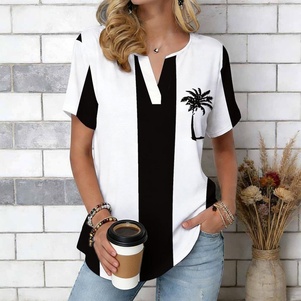 Women Blue Ocean Coconut Palm Beach Print Short Sleeve V Neck Blouse