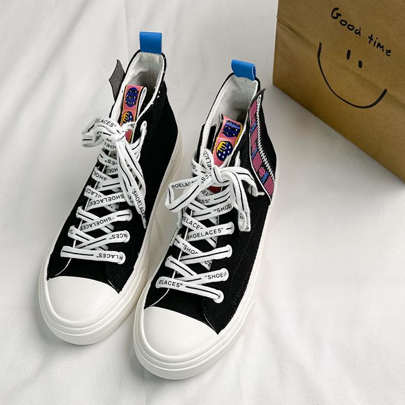 

High-top canvas shoes women s autumn new thick-soled black trend casual color matching student fashion 35 чёрный