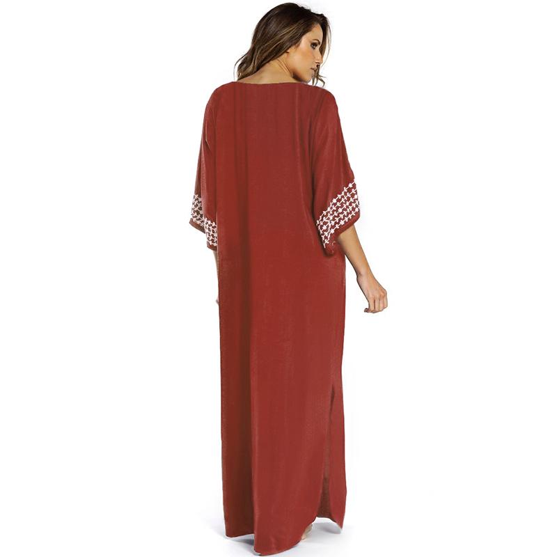 Embroidery Kaftan Beach Tunic Cotton Beach Cover Up Saida De Praia Swimsuit Women Bikini Cover Up