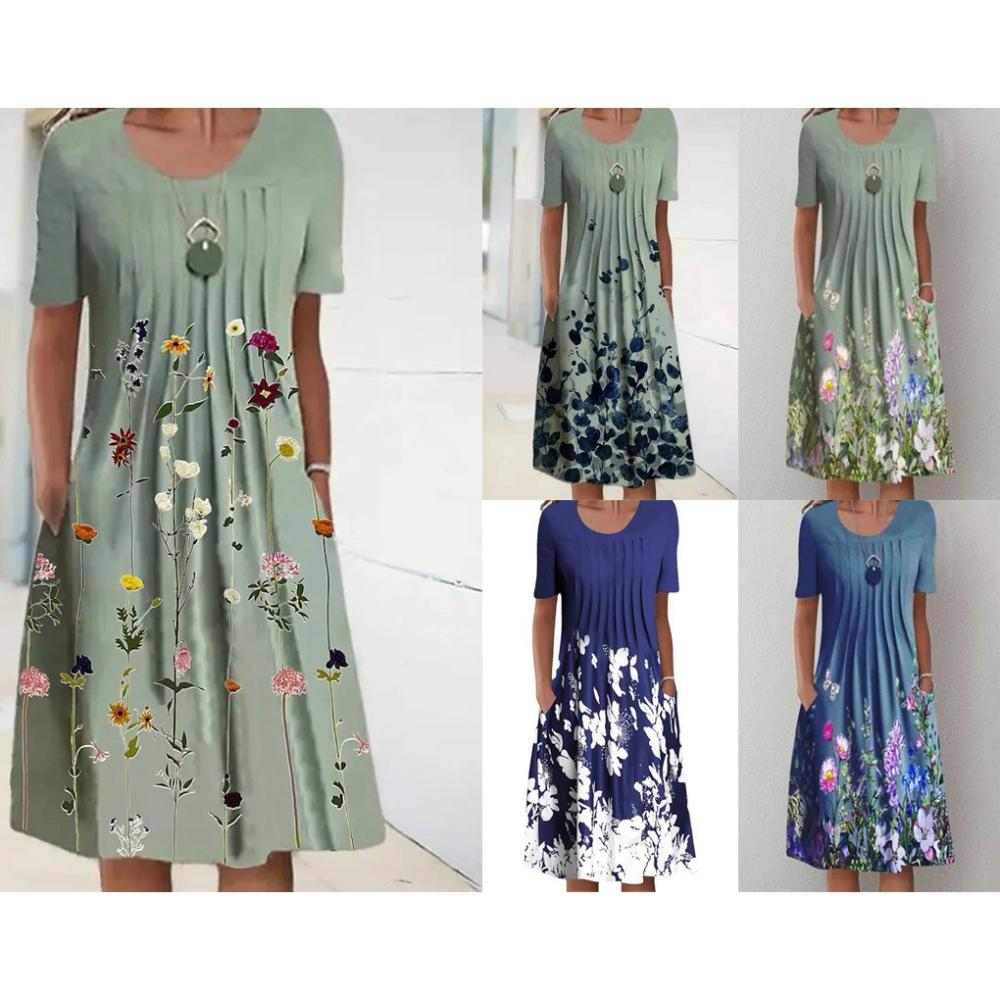 Women's Round Neck Pleated Front Floral Print Short Sleeve Midi Dress With Side Pockets