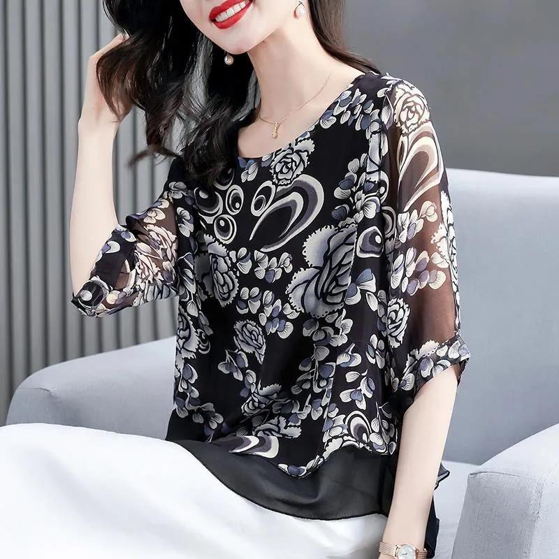 All Match Round Neck Seven Quarter Sleeved Shirt Women's Chiffon Printed Shirt New Summer Outfit Fashionable Korean Top
