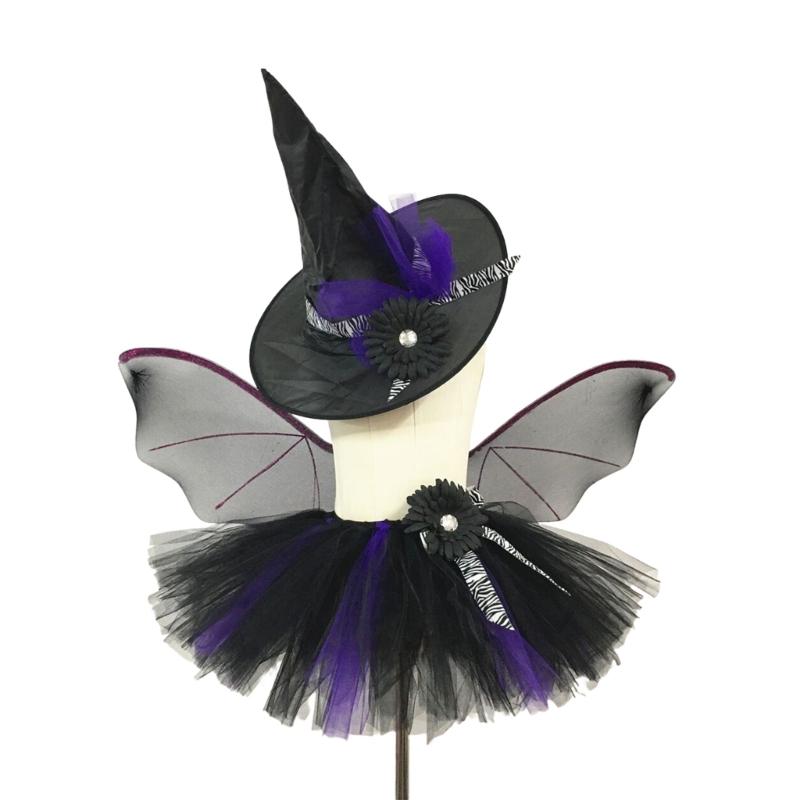 

3Pcs Kids Girls Bat Witch Costume Halloween Cosplay Fancy Dressing Up Accessories with Bat Wing Headband Tutus Dress Set S
