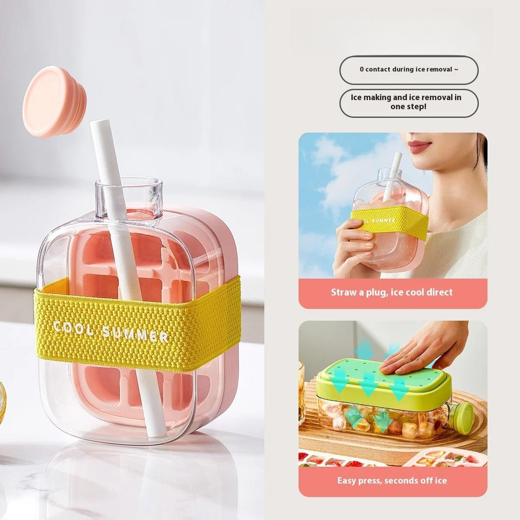 Iskubsform med sugrör Livsmedelsgodkänd 2-i-1 Isform Pressform Isdrycksflaska Silikon Iskubsform Utomhus Dryckeskopp