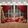 Winter Christmas Photography Background Window Curtain Fireplace Snow Xmas Tree Kids Family Portrait Home Decor Photo Backdrop7